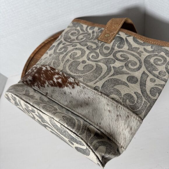 Myra Leather  Double Wine Bottle Bag Tote  Cowhide Leather Canvas - Picture 9 of 12